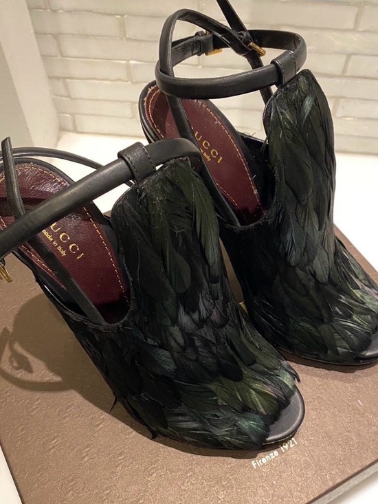 Gucci Shoes - Gucci Black and Iridescent Green Feather Peep-Toe Ankle-Strap Heels